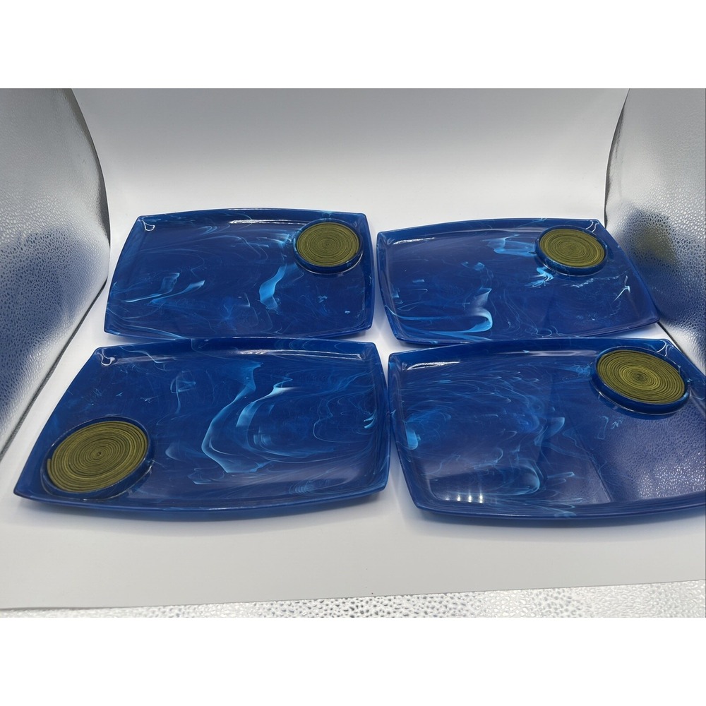 4 VTG Mid Century MCM Dinner Trays Blue Marble Pattern Rare Plates Set Lot